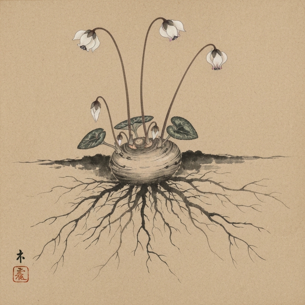 シクラメンの球茎（コーム）と根・花の構造 墨絵イラスト