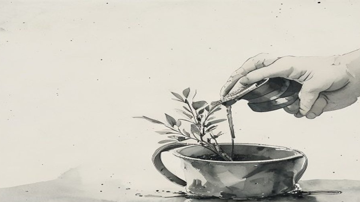 鉢植えに水をやる手の墨絵 間日の庭仕事 剪定屋空