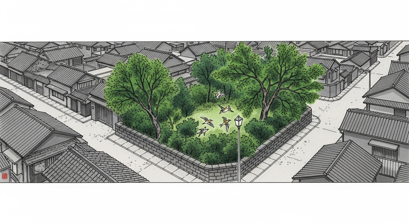 建物が並ぶ街の中に緑の庭がある俯瞰図 — 都市の中の生き物の島