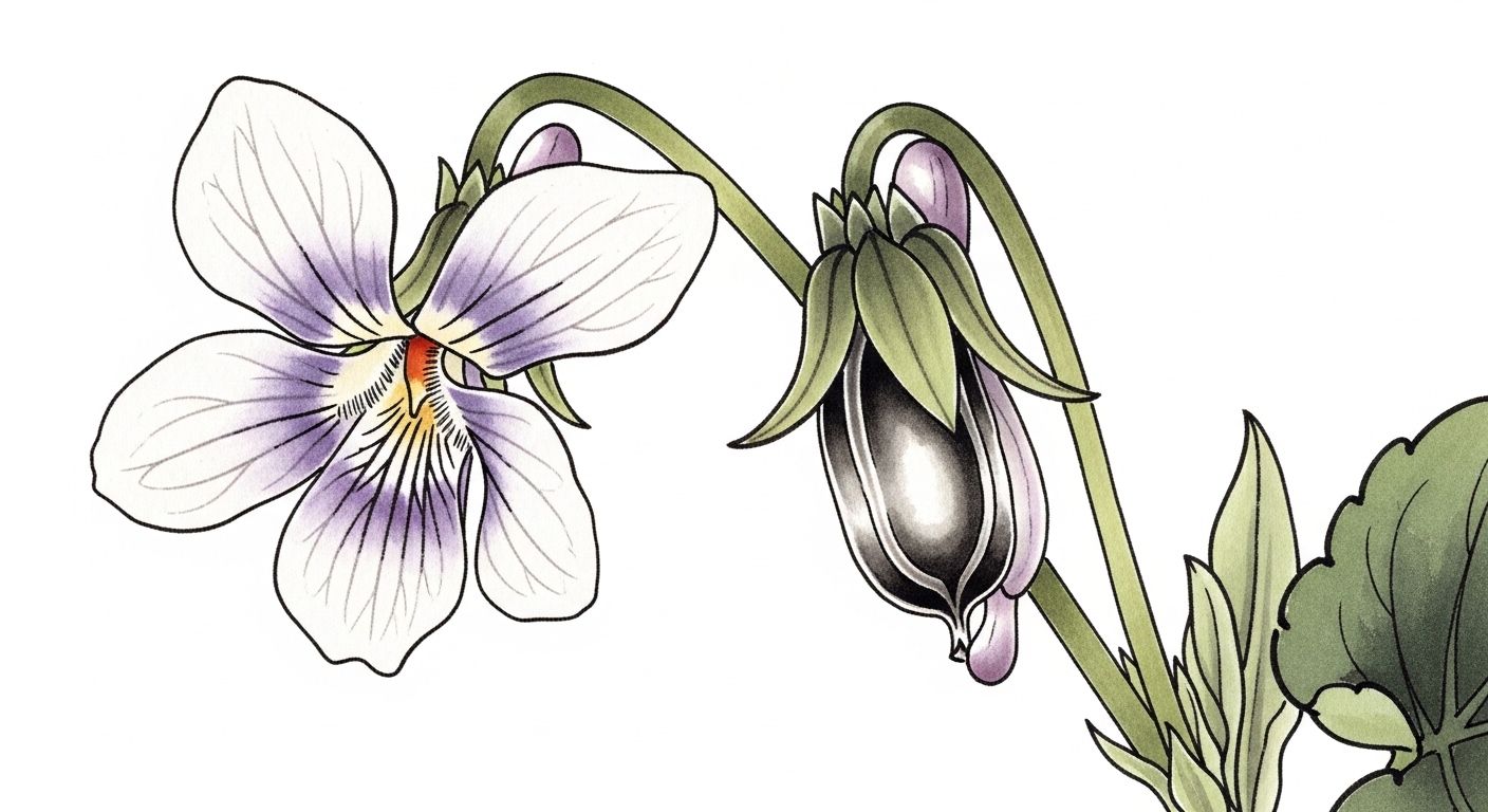 閉鎖花と種を実らせるスミレの墨絵