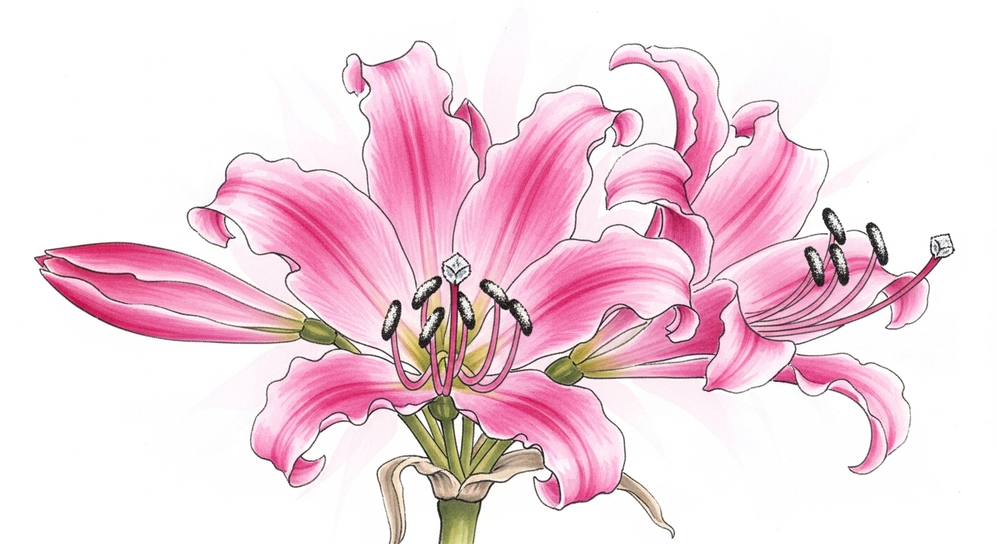 ネリネの花のクローズアップ — キラキラ輝く花びら・水墨画風イラスト