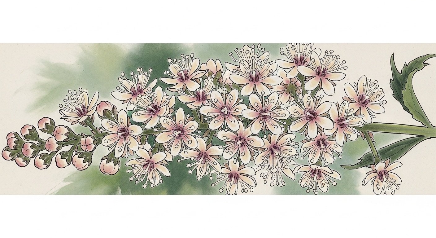 ティアレラの花穂のクローズアップ — 水墨画風イラスト