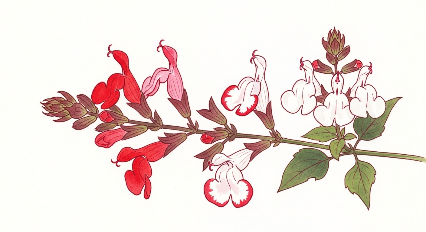 チェリーセージ ホット・リップスの赤と白のツートンカラーの花が並ぶクローズアップ墨絵イラスト