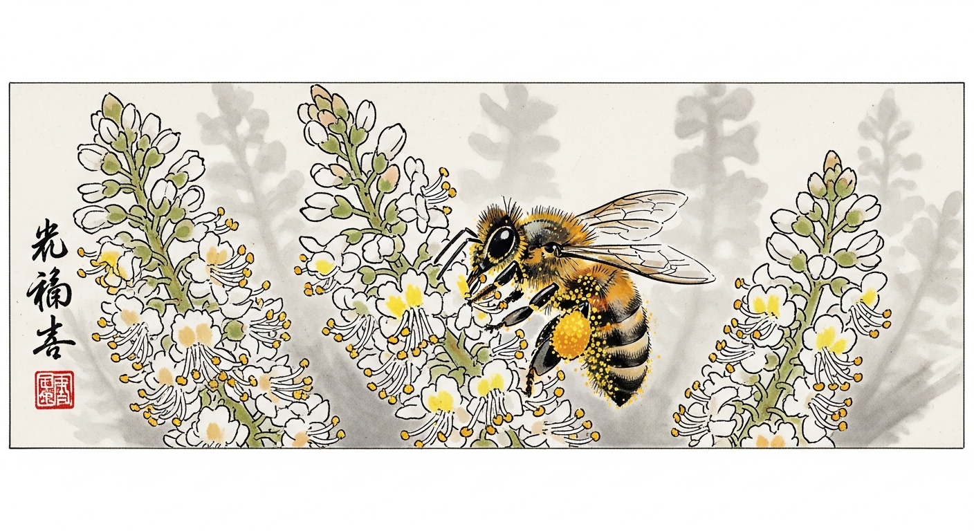 クリの花穂にハチが集まり花粉を運ぶ様子 — 水墨画風イラスト
