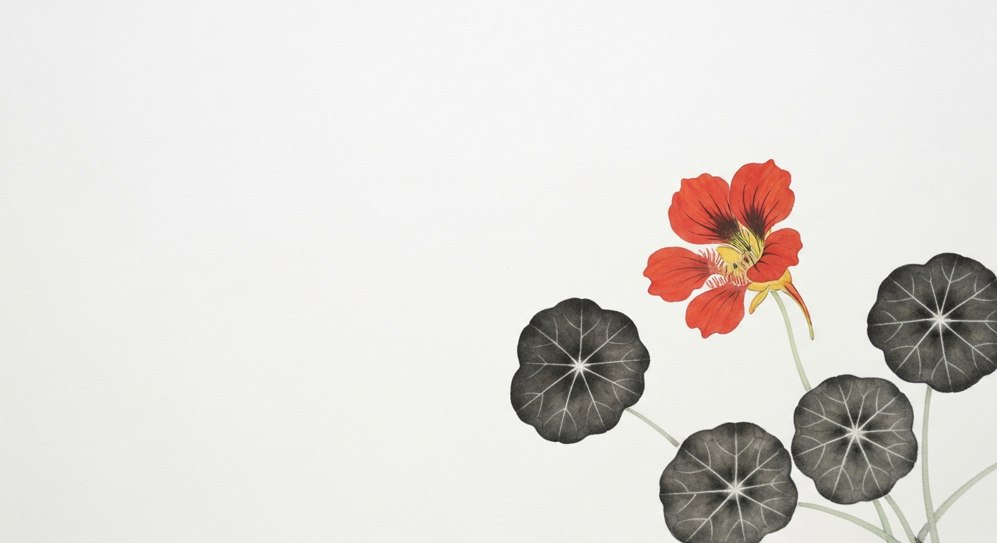 ナスタチウム(金蓮花)の花と丸い葉(墨絵)