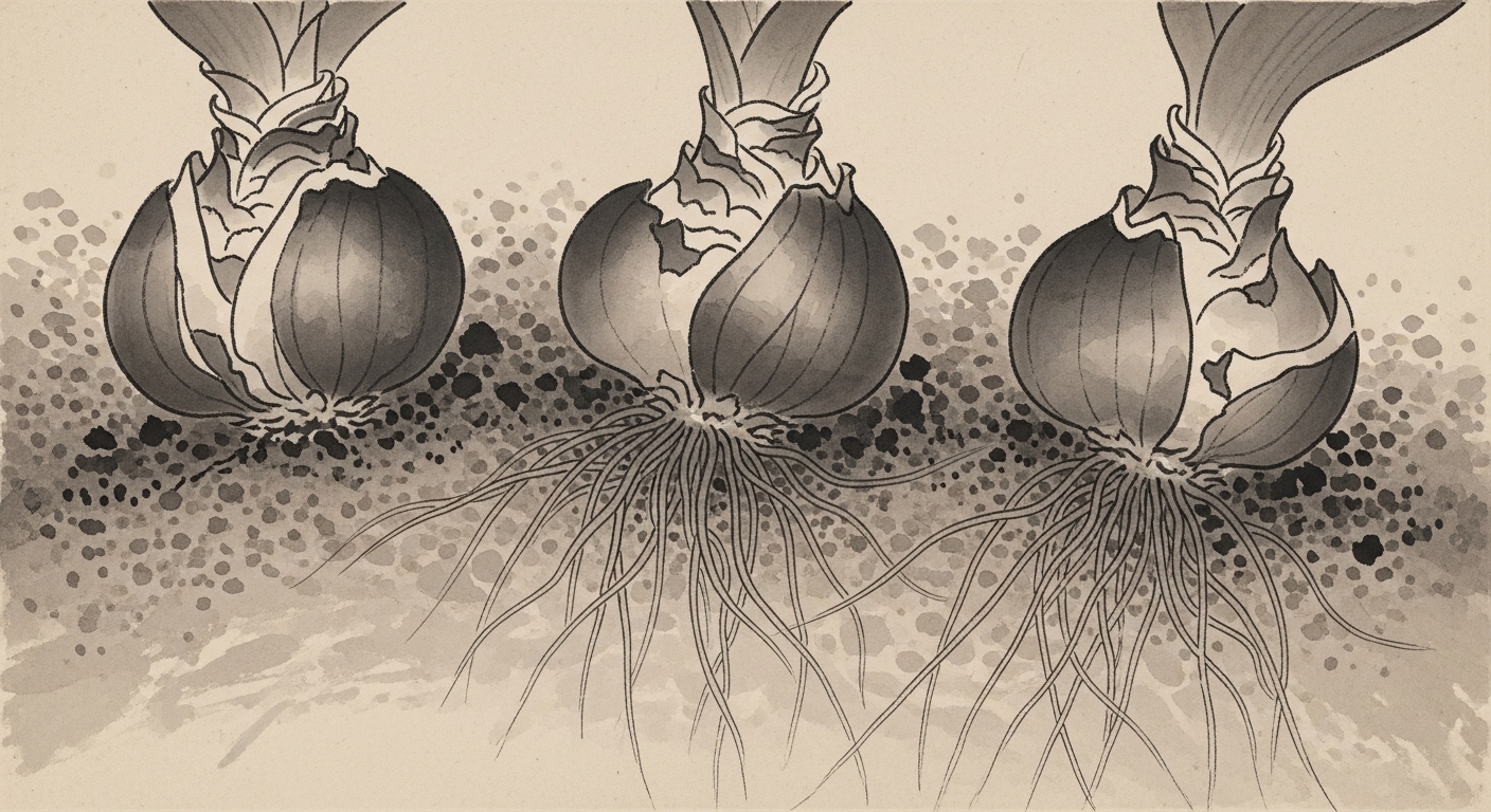 Tulip bulbs illustrated in Japanese sumi-e ink style