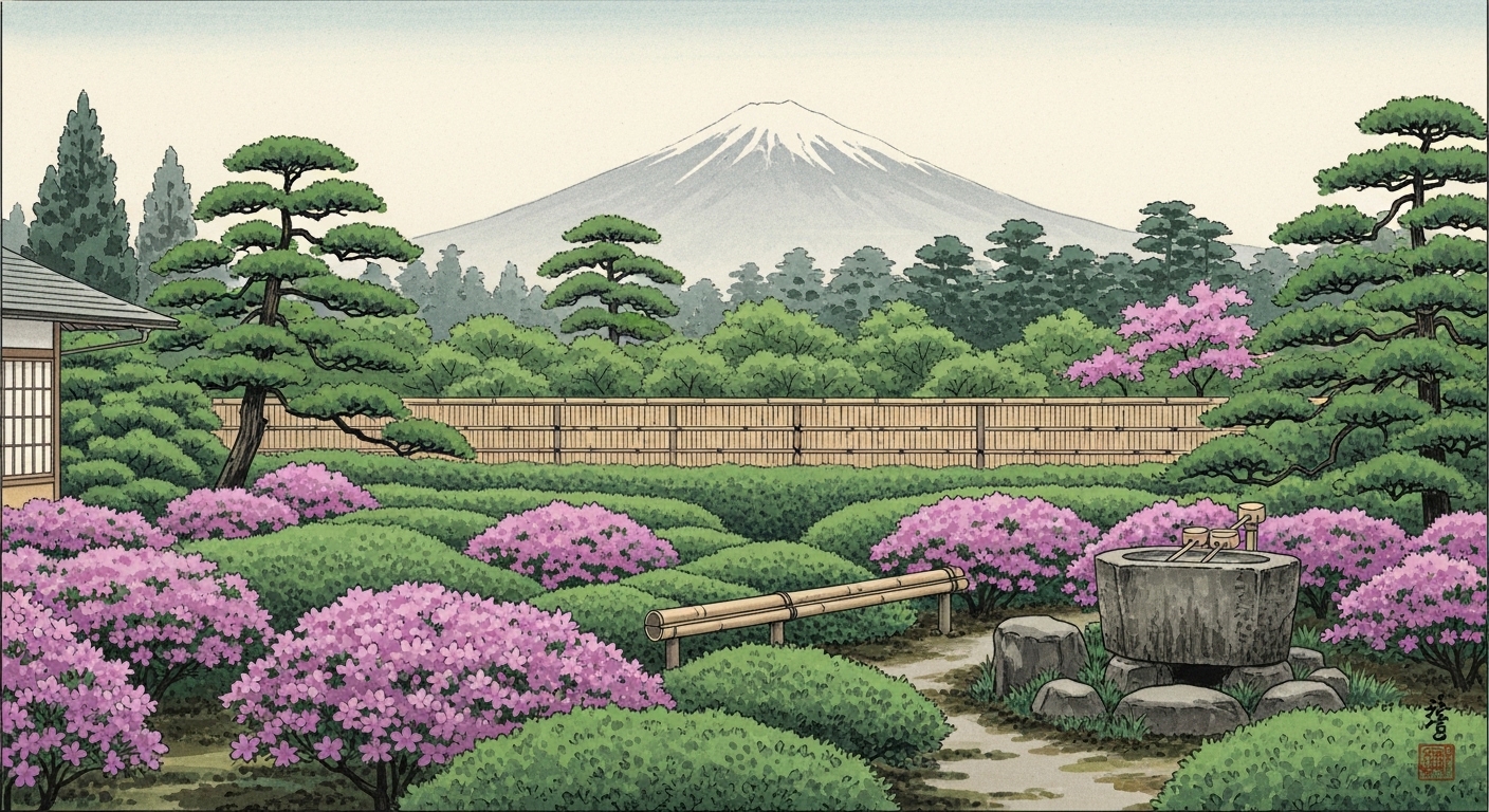 遠くの山を借景に取り込んだ日本庭園の構成