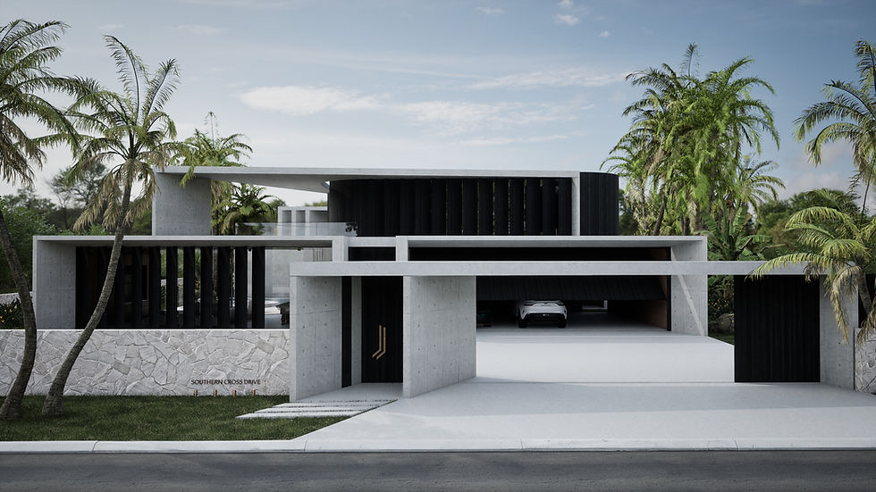 Surfers Paradise Tropical Residence - Johnstone Johnson Design Studio. Contemporary concrete house with layered façade, vertical black screening, and tropical palm landscape in a coastal residential setting.