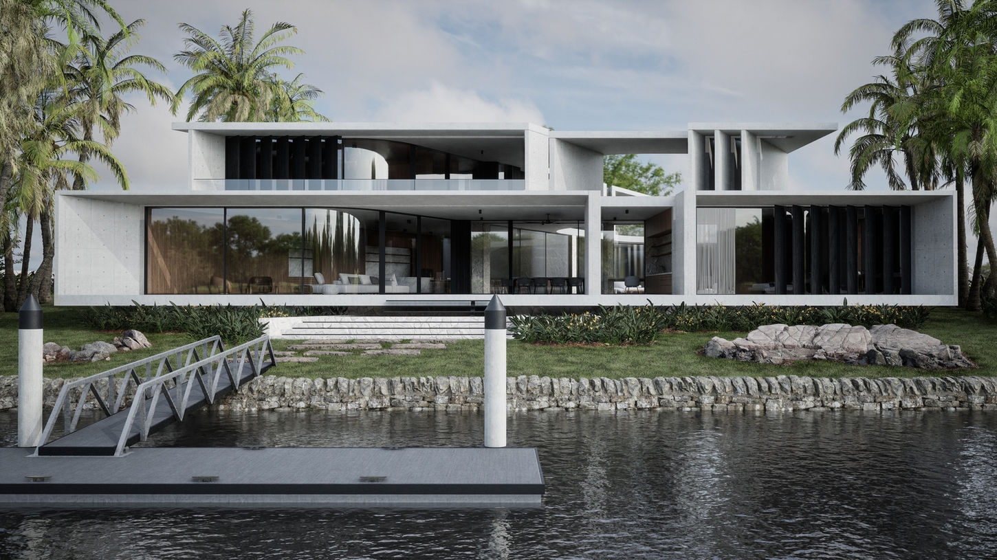 Waterfront elevation of a modern concrete residence with layered terraces, full-height glazing, black batten screening, and private jetty set within palms.