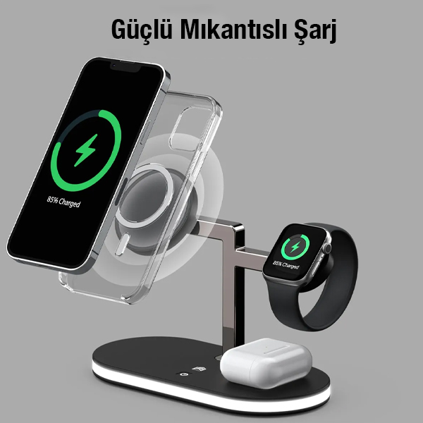 Küçük resim: Ally 5in1 LED Işıklı Wireless Kablosuz Şarj Standı - Iphone+Iwatch+Airpods