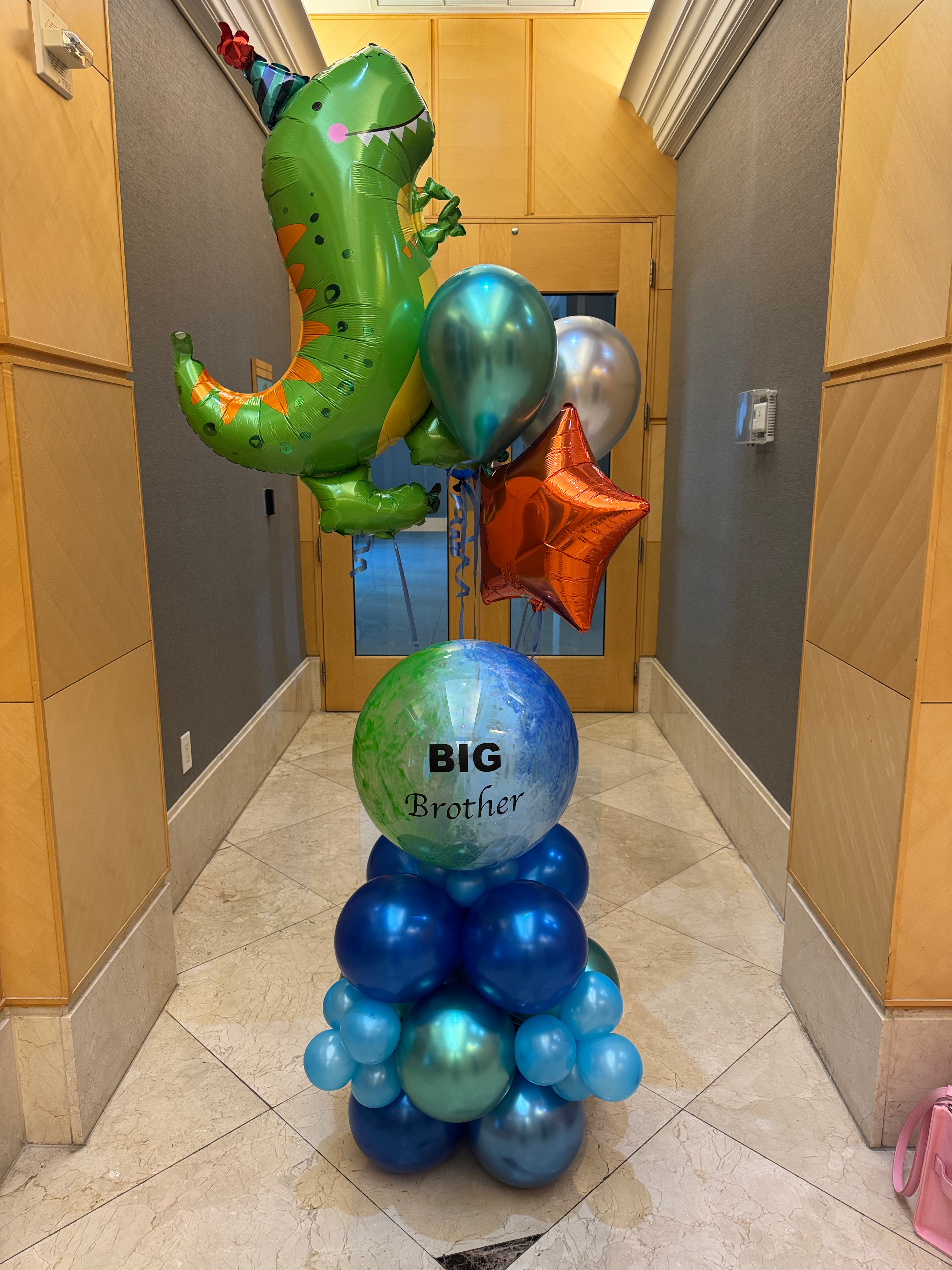 Big Brother Dino Balloon Sculpture in Blues and Orange