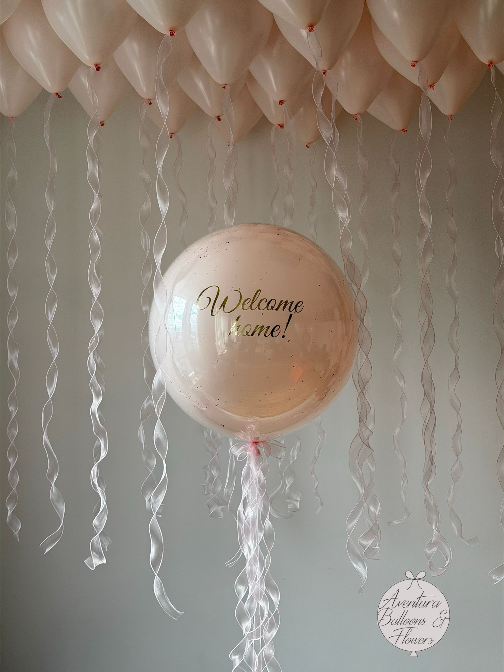 Custom Helium Balloon Bunch with Ribbons in Baby Pink