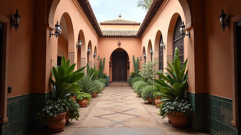 Eye-level view of a traditional Moroccan riad courtyard with plants and lanterns