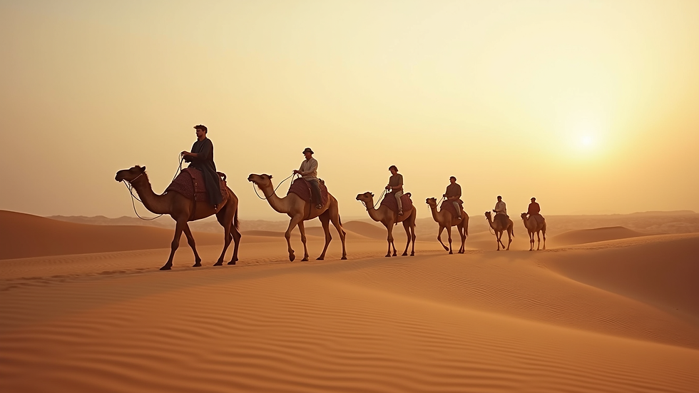 High angle view of a small group of travelers riding camels in the desert