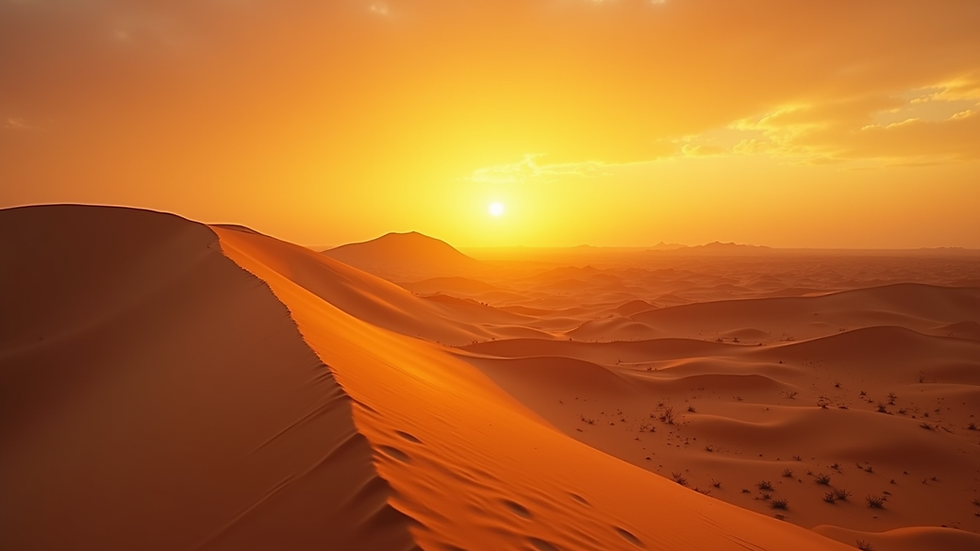 Eye-level view of vast Sahara Desert dunes at sunset