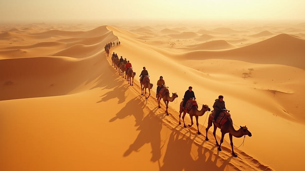 High angle view of camel caravan crossing golden sand dunes