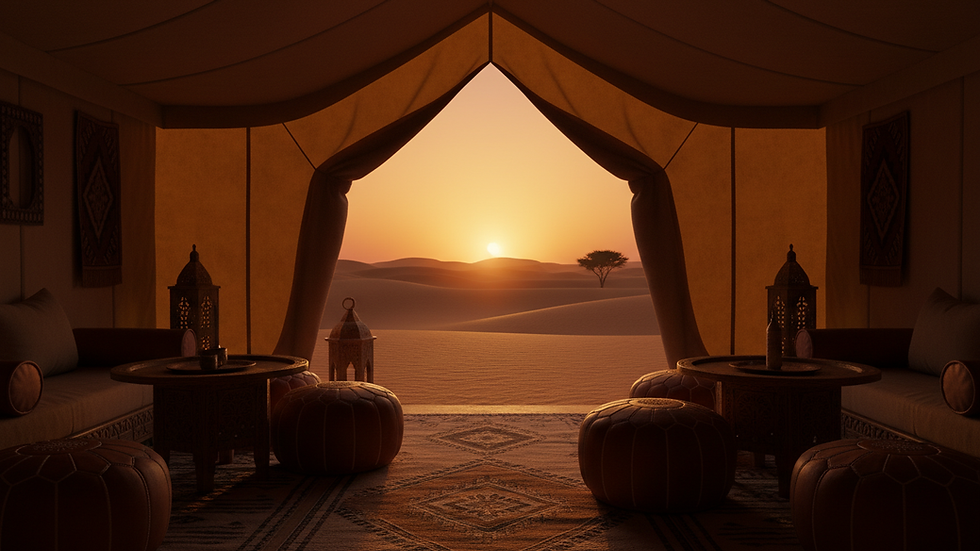 Eye-level view of a spacious luxury desert tent with traditional Berber decorations