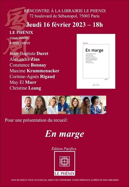 affiche de la soirée dédicace d'En marge à la librairie Le Phénix