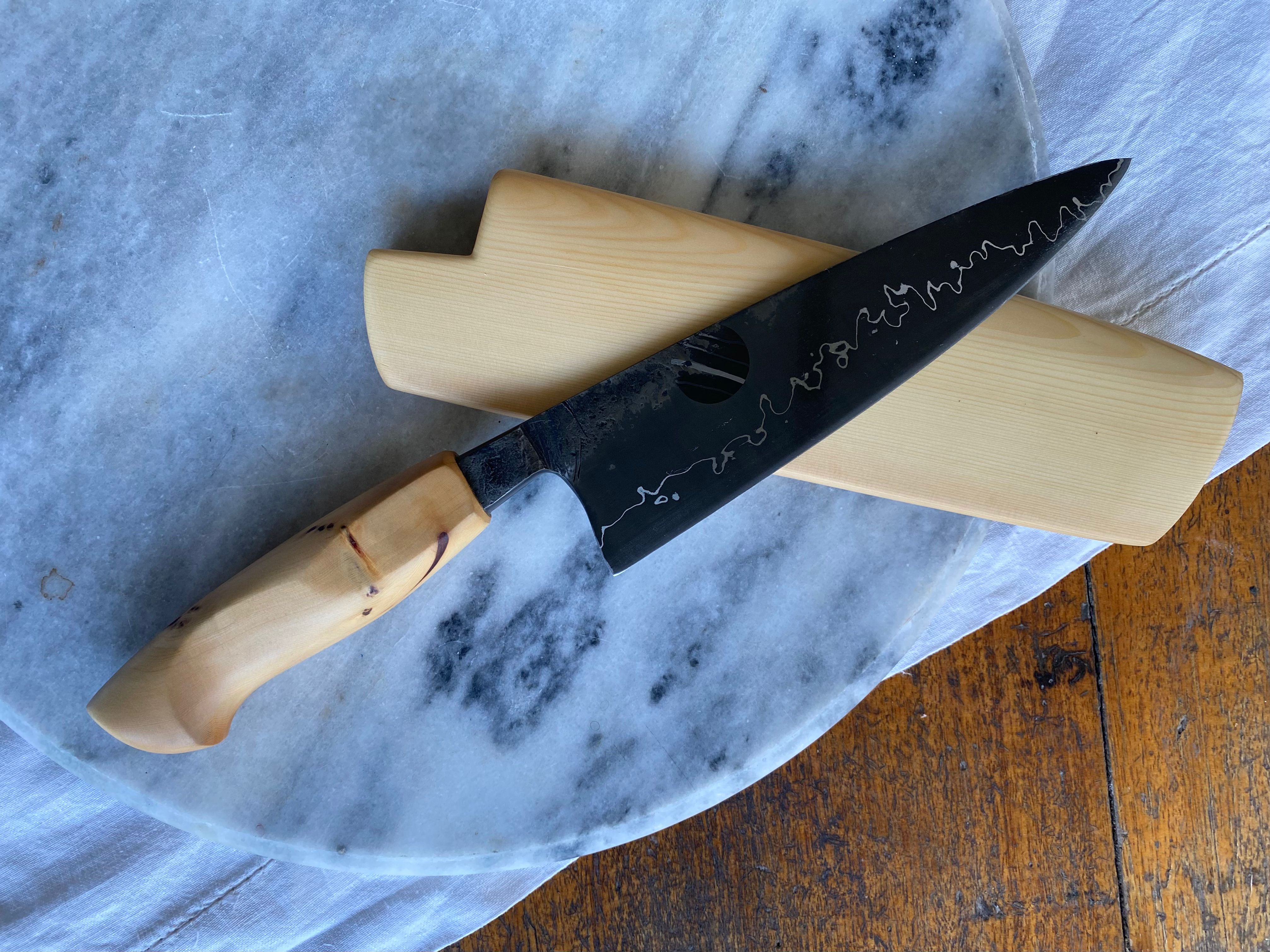 San mai huon pine chef knife with integral bolster
