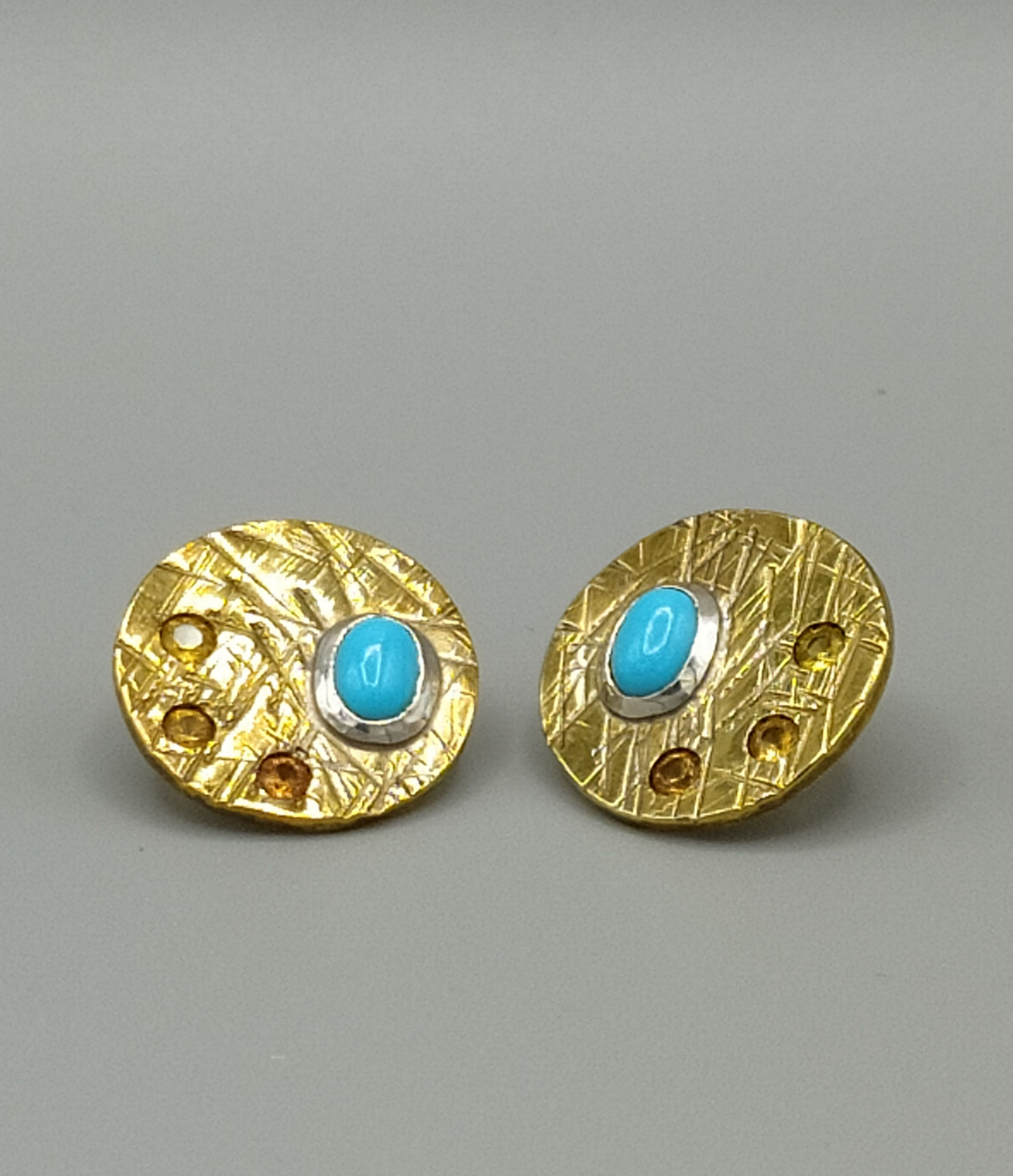 Pair of round brass earrings, silver 925 °, turquoise, oxides of