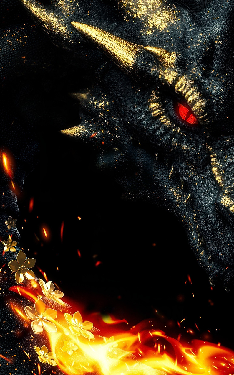 Born of Fire by Monique Singleton. The House of Ash & Gold Series, Book 1. A black & gold dragon with red eyes stares menacingly. Golden flowers and fire covers the page.