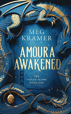 Amoura Awakened by Meg Kramer. Book one of the Veiled Flame Series. Cover shows a blue paper dragon with golden scales covered in gold chains.