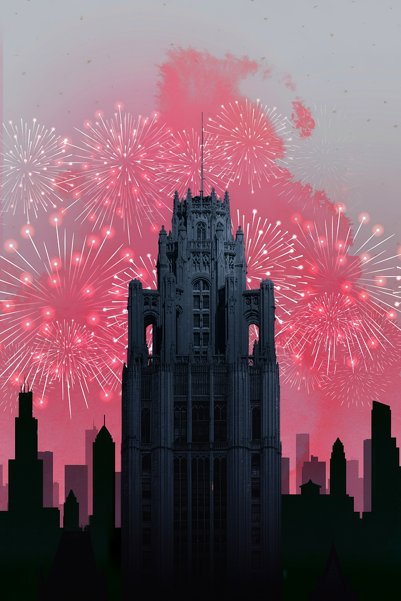 Tall building silhouetted with fireworks in the sky during a celebration