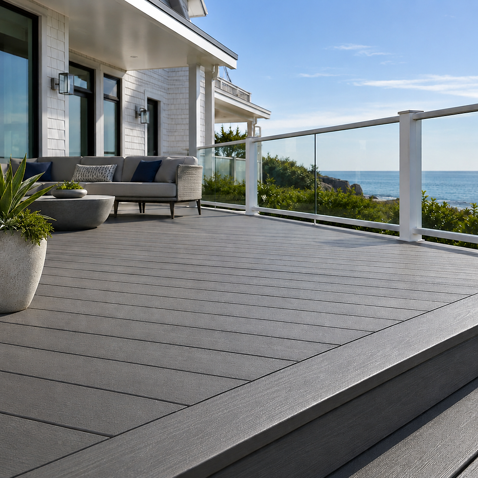 Modern grey composite deck with glass railing and ocean view
