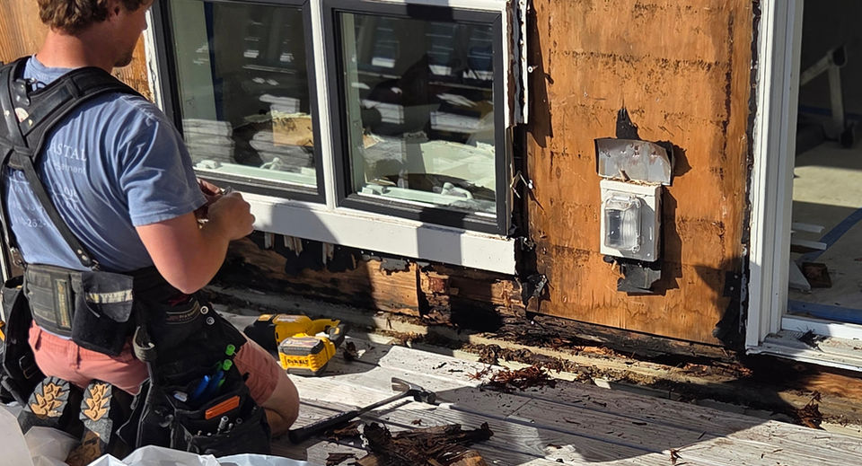 Contractor repairing water damaged exterior house wall.
