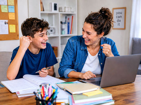 un tutor per ragazzi con bisogni educativi speciali (DSA, ADHD, o simili) che svolge il proprio ruolo con l'entusiasmo del ragazzo o la ragazza che sta aiutando a studiare a casa.