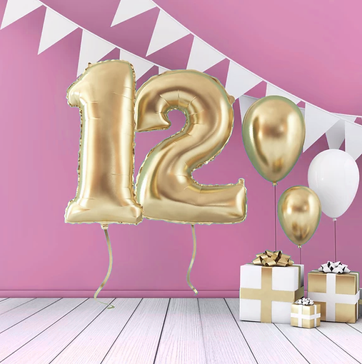 12 birthday balloons and presents