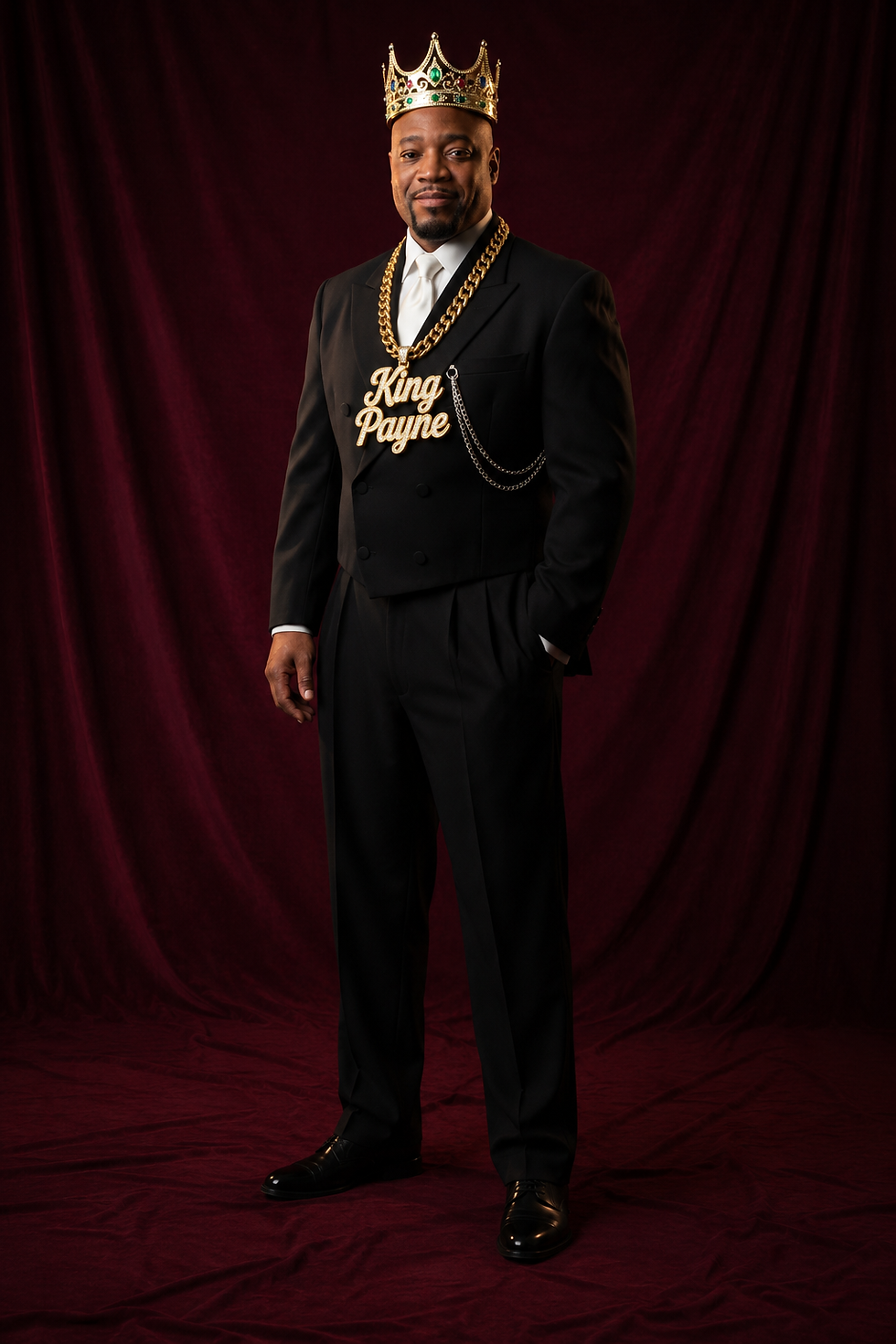 Full-body portrait of William Payne in a black suit wearing a gold crown