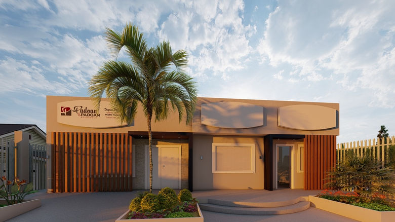 Fachada comercial escritório de advocacia no centro da cidade de Portão. Revestimento em pedra, brise em madeira e cores neutras, trazem a elegância para o ambiente.