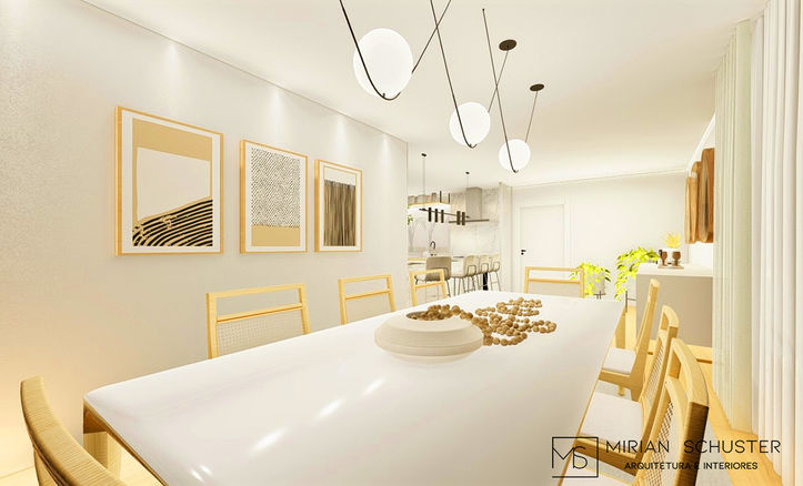 No detalhe, sucesso nos jantares e almoços de domingos, a mesa de jantar generosa, para abrigar uma família grande.
Detalhe de palha nas cadeiras, pois adoramos os materiais naturais, e para remeter as utilizadas na antiga mesa.
Tons claros amadeirados e detalhes de decoração pontual e contemporânea, como o colar de mesa, complementam muito bem o ambiente.