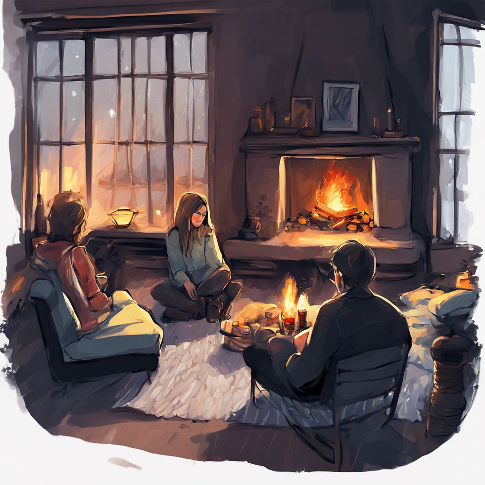 Family sitting by a fireplace inside their home, it's dark outside, and the low light invites comfort.