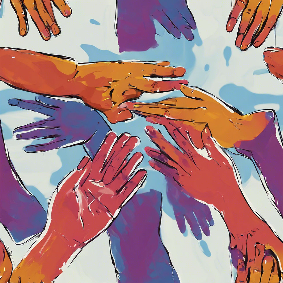 Different color hands all coming together to help others