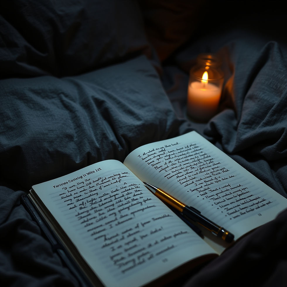 A journal open on a bed at night by candle light.