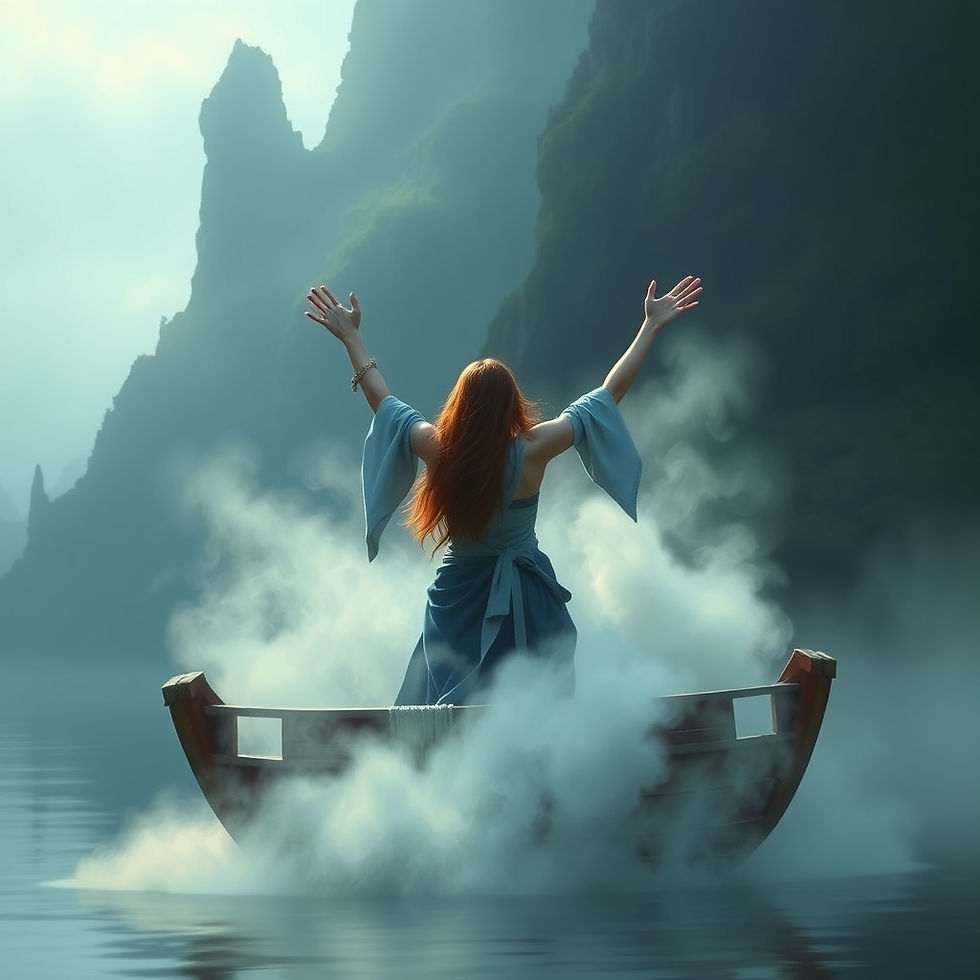 A woman with red hair on a boat, raising the Mists of Avalon.