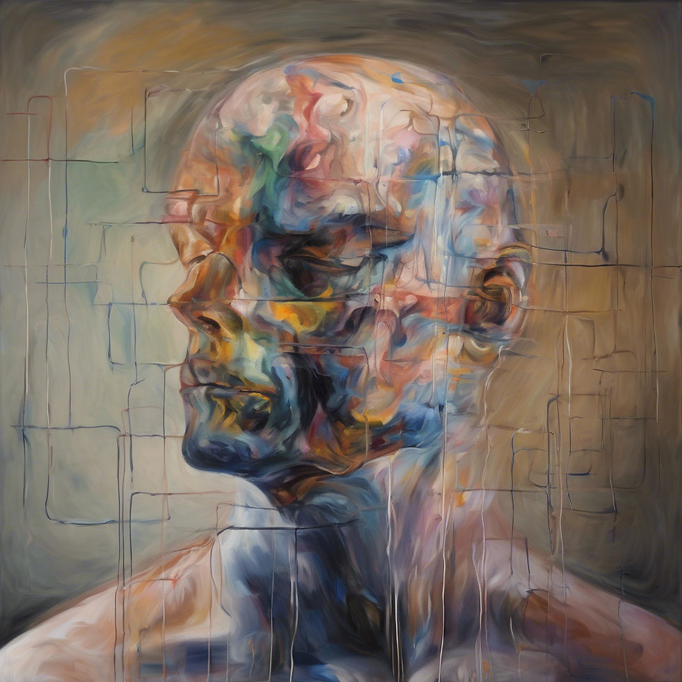 A person who is distorted in their mind, represented by a puzzle like appearance.