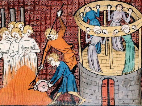 Women being burned at the Stake and forced into Circle Stocks for public humiliation.