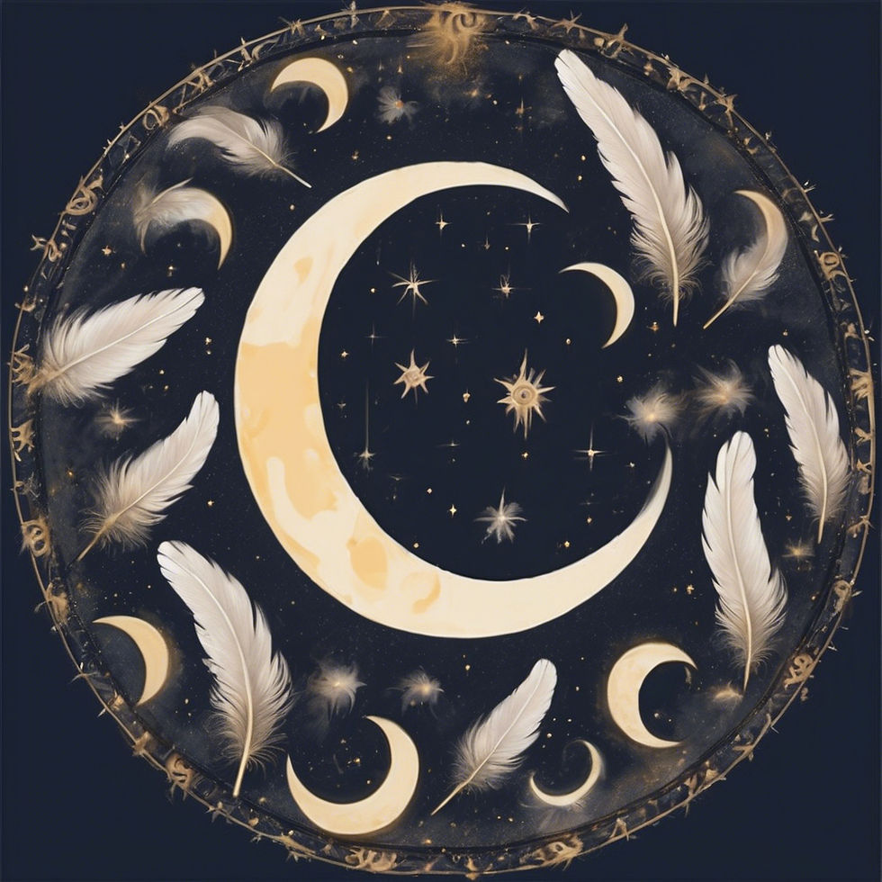 Black background with a circle of feathers and moons with a cresent moon and stars in the middle.