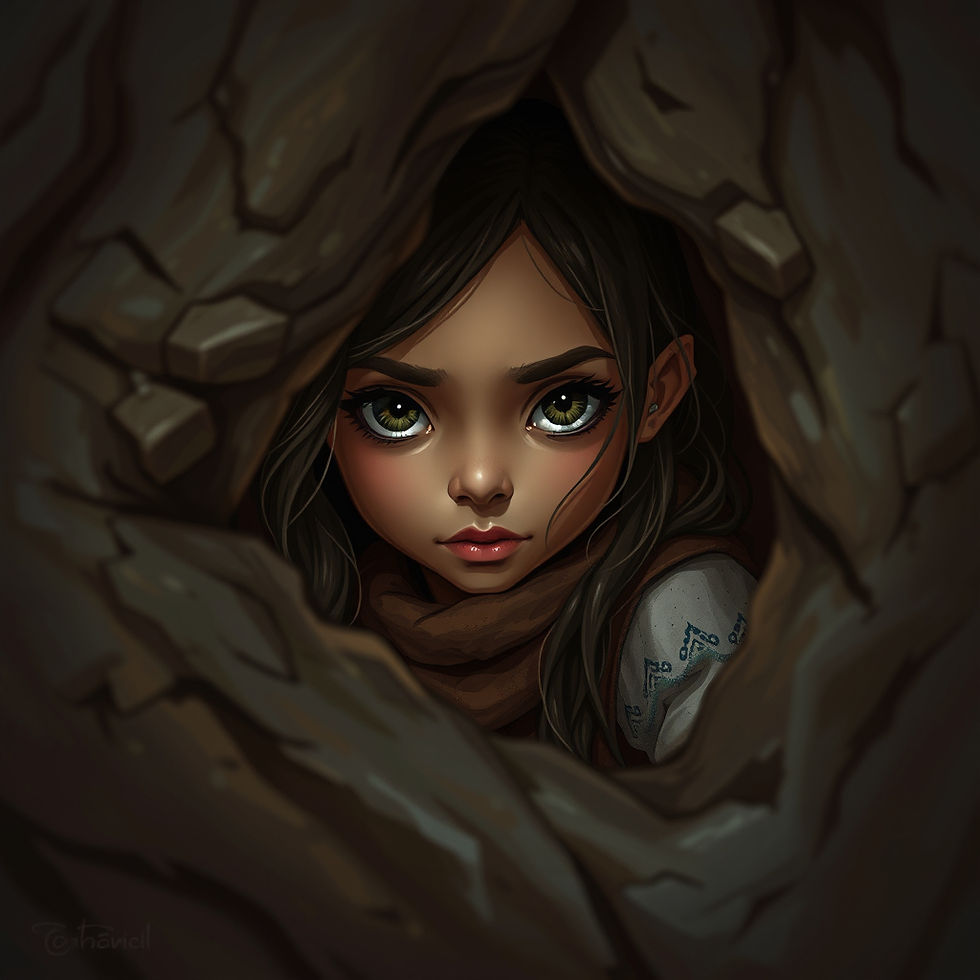 A child hiding, not wanting to be seen.