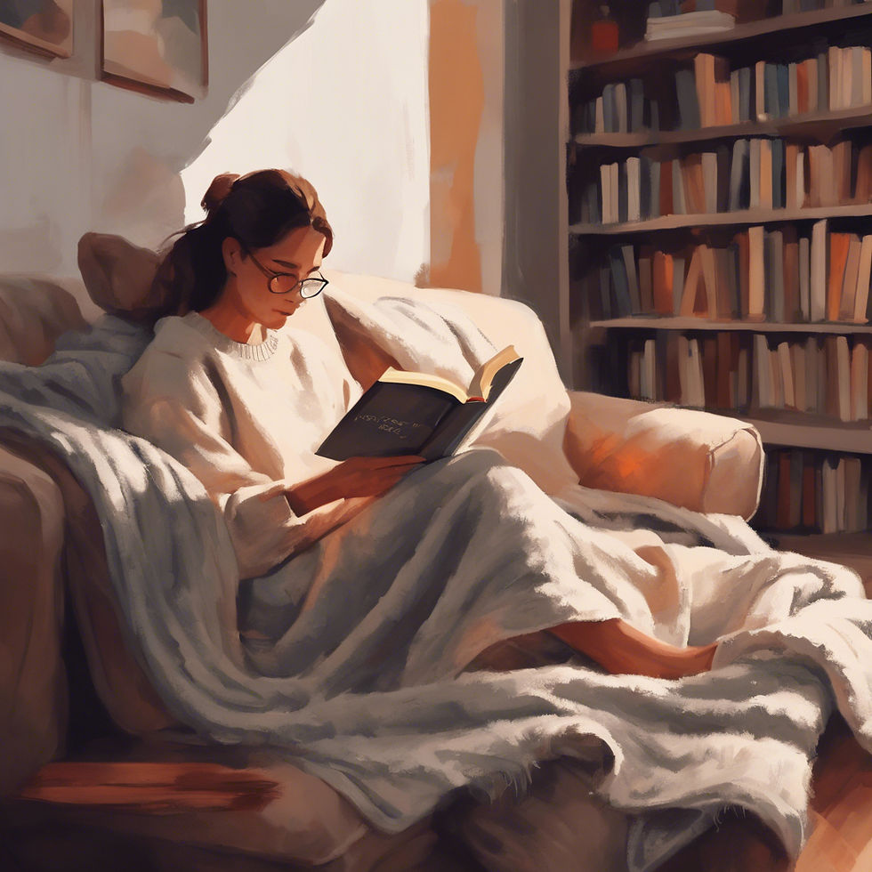 A person reading a book in a comfortable chair with a blanket to keep them warm.