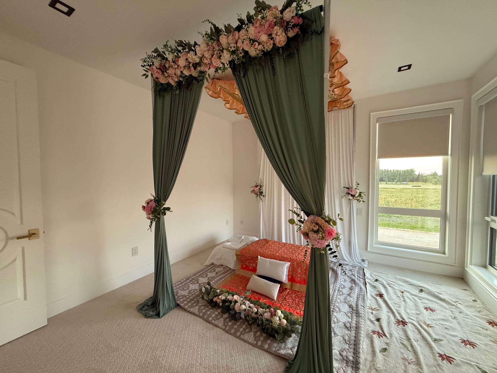 Sage and ivory Palki Sahib ceremony décor with romantic floral styling by Muse Events