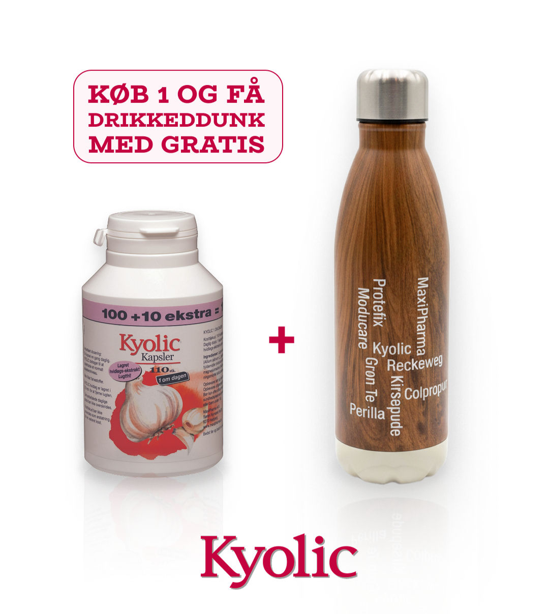 TILBUD Kyolic 1 om dagen, 110 kapsler og 1 gratis drikkeflaske