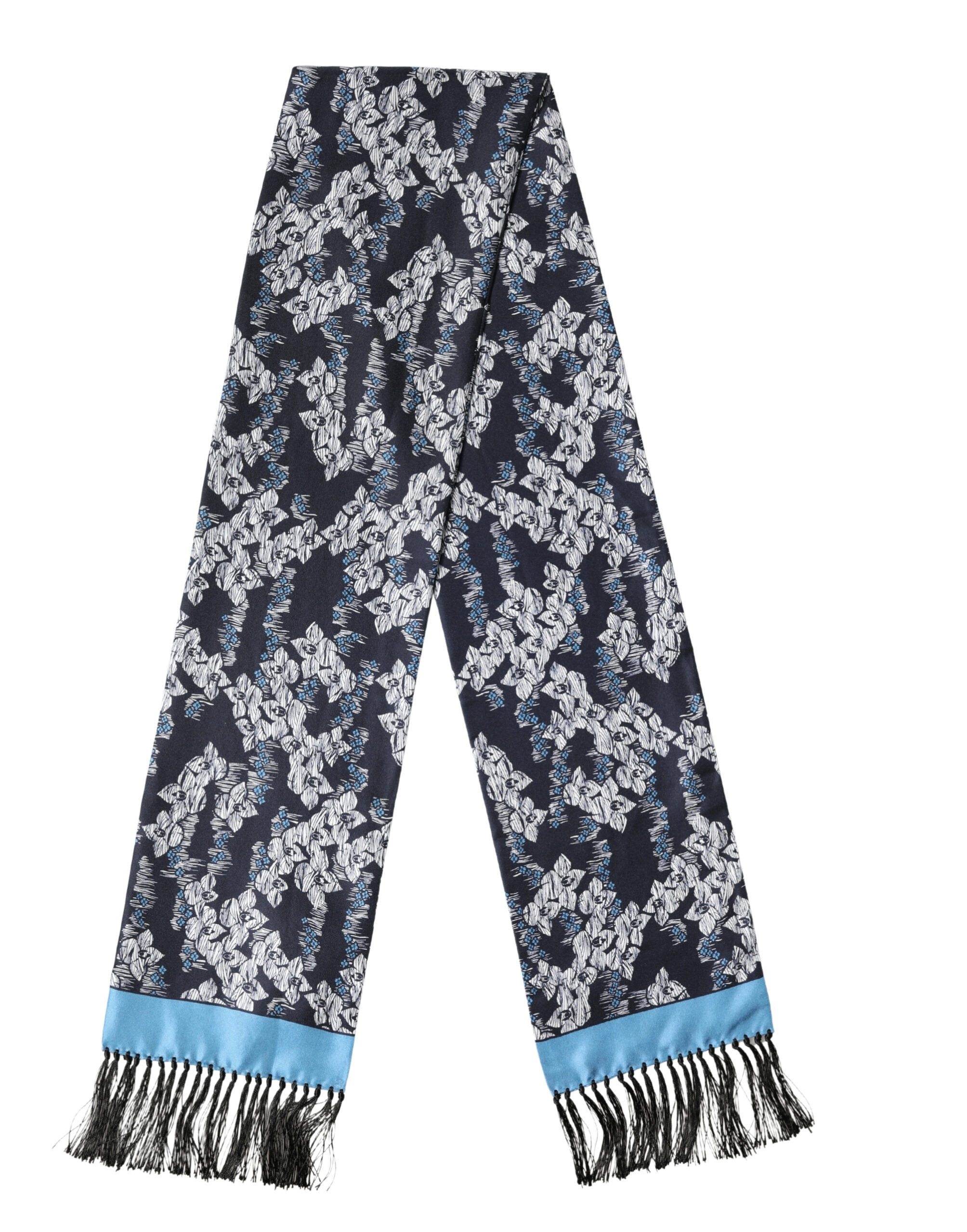 Black Blue Silk Floral Pattern Fringe 140cm x 16cm Scarf