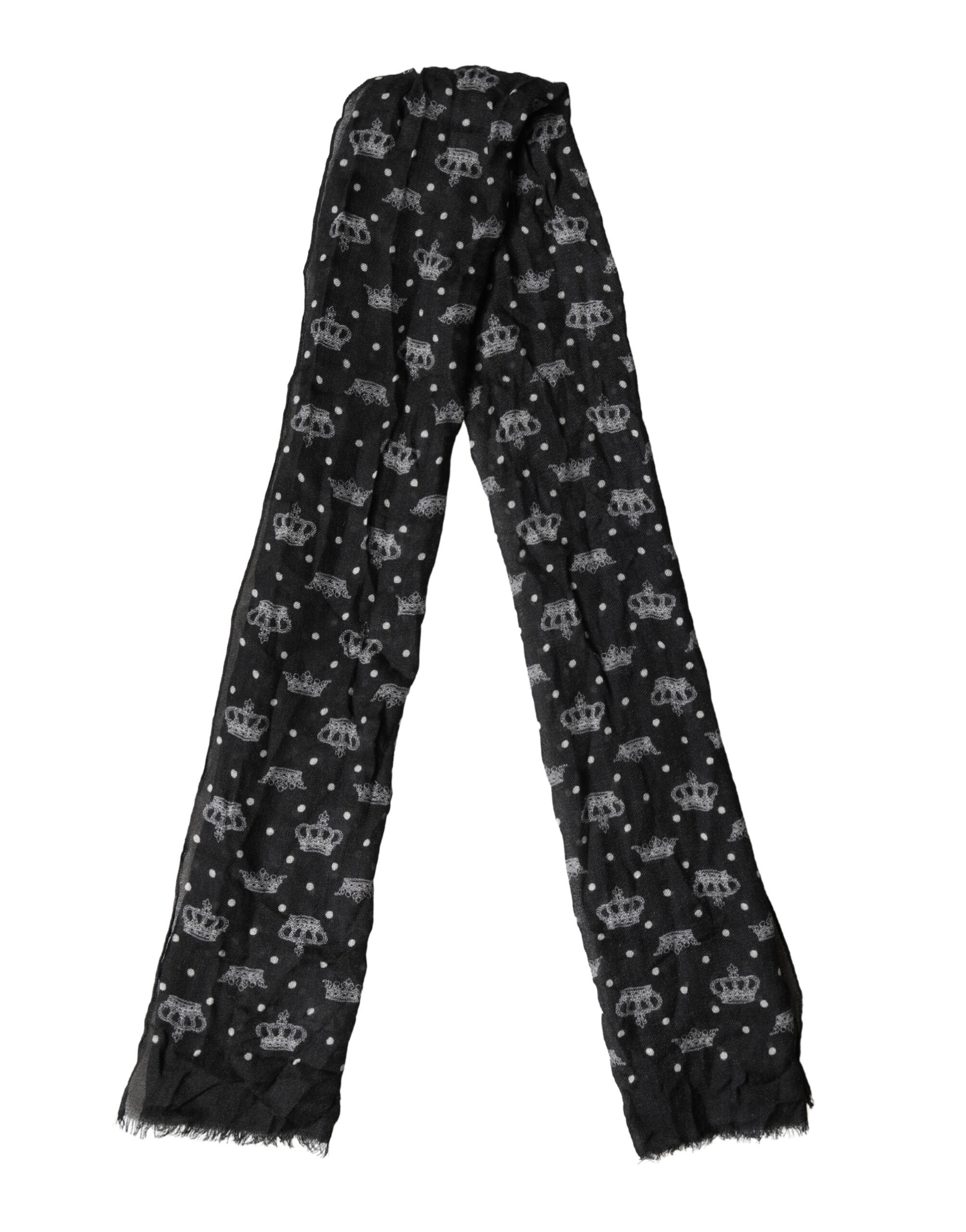 Black Wool Crown Print Fringe Neck Wrap 180cm x 65cm Scarf