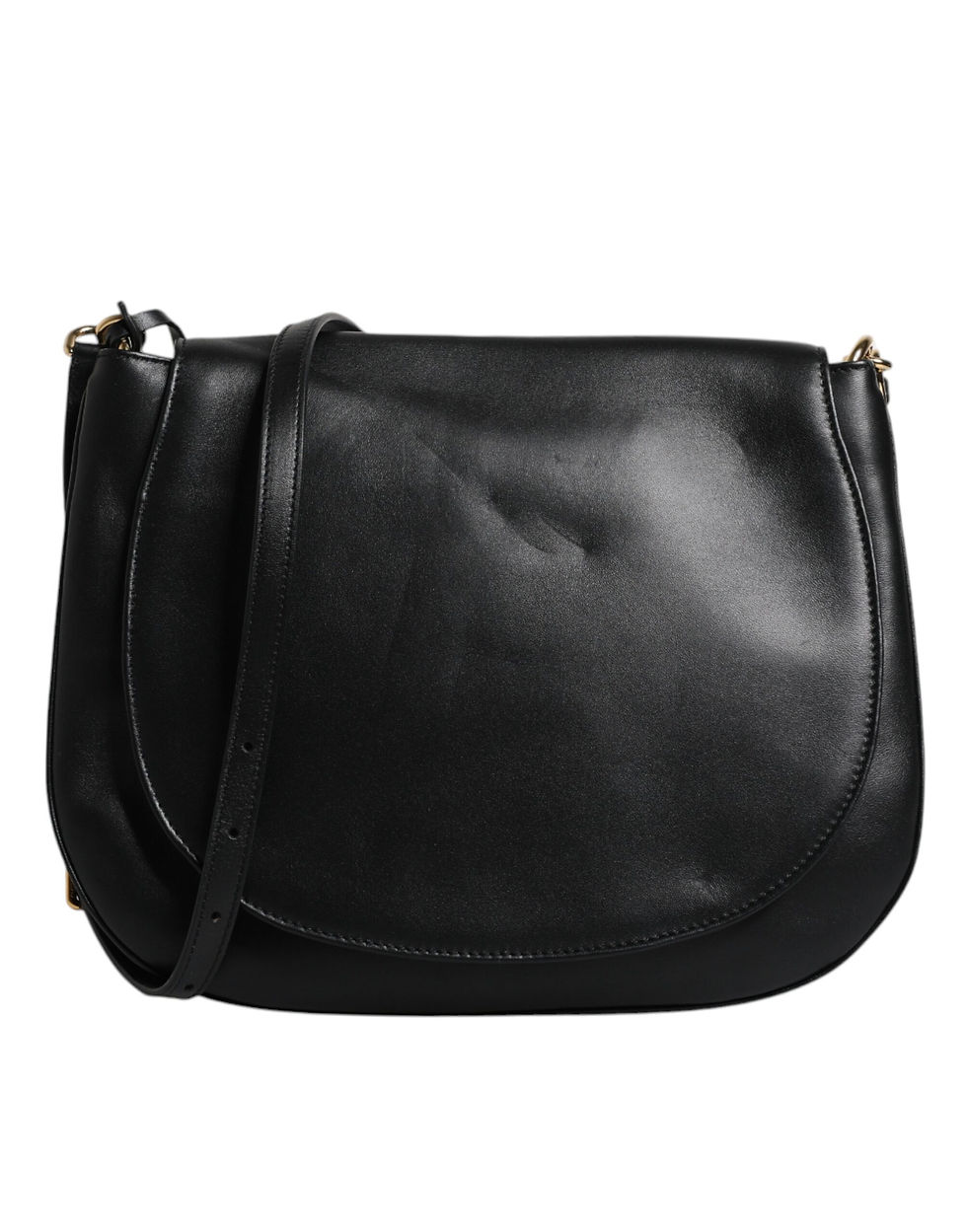 Thumbnail: Black Leather Flap Saddle Shoulder Bag