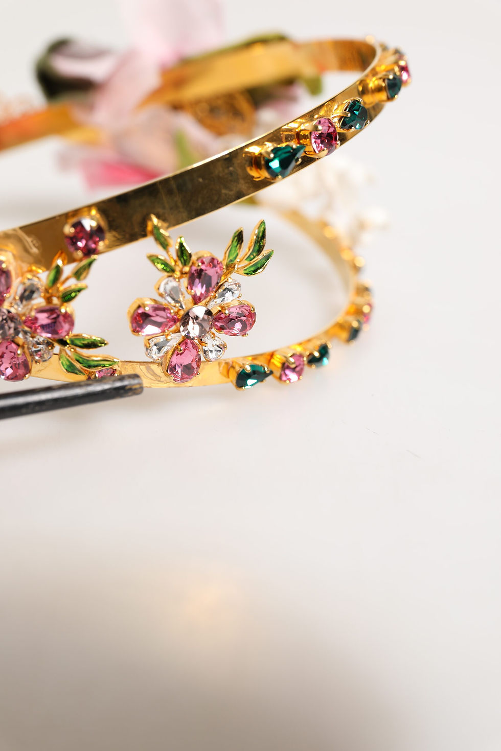 Thumbnail: Gold Floral Tiara Pink Roses Crystal Crown Headband
