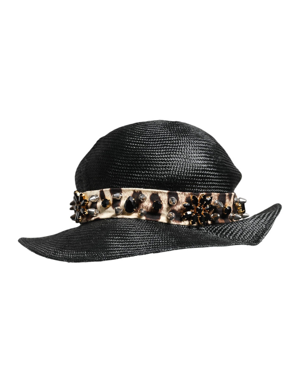 Thumbnail: Dolce & Gabbana Black Straw Crystal Embellished Wide Brim Hat